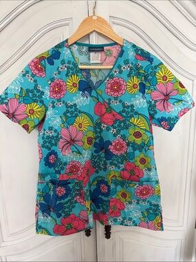 Cherokee Workwear Floral Scrub Top‎ – Women’s M Medical – Bright Botanical Retro
